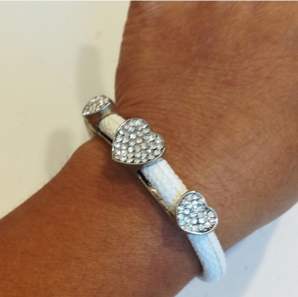 Rhinestone Encrusted Trio Heart Slider on White Faux Leather Cuff Bracelet